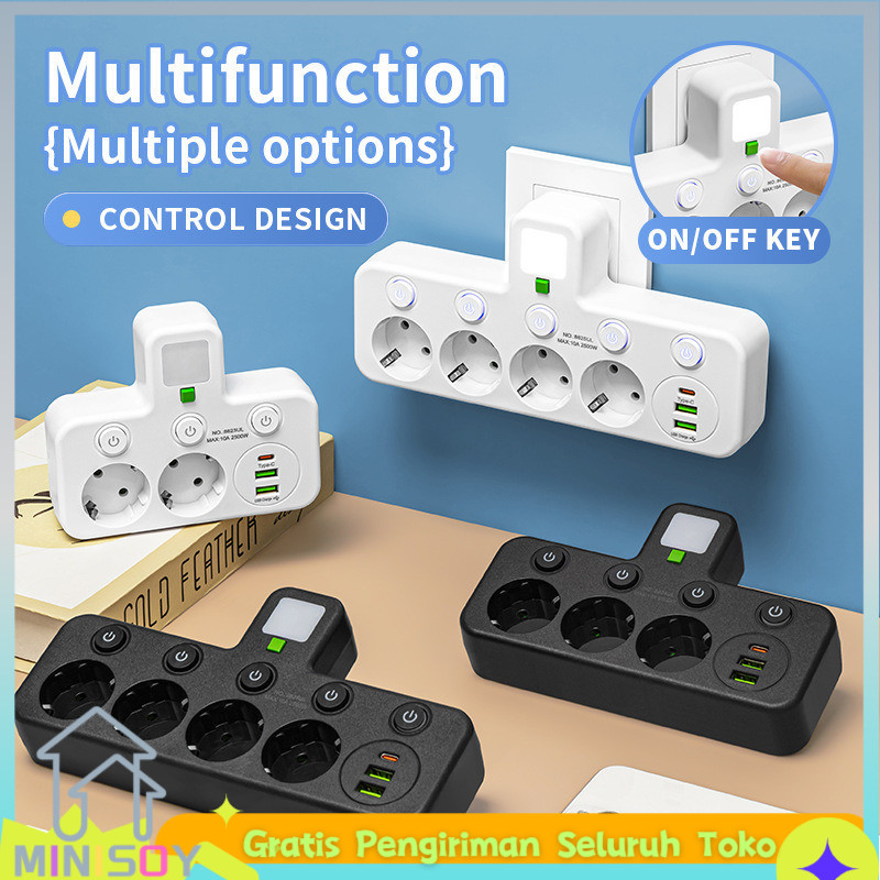 [COD]  7IN1 Stop Kontak Colokan Listrik Isi 4 Lubang 2500W Stop Kontak Minimalis Fitur Lampu Tidur L