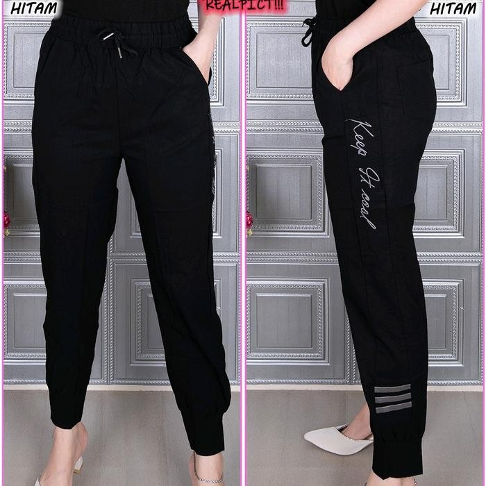 8086 CELANA PANJANG JOGGER WANITA KOMBINASI BORDIR KATUN STRETCH IMPORT. Sport Joger - Hitam, Allsiz