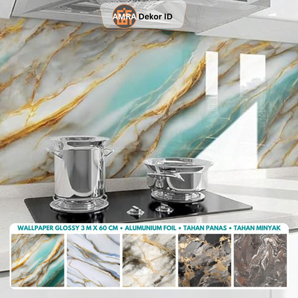 [18 Motif - P3] Wallpaper Glossy Marmer Marble Dapur Meja Furniture 3 m x 60 cm Glossi Kitchen Walpa