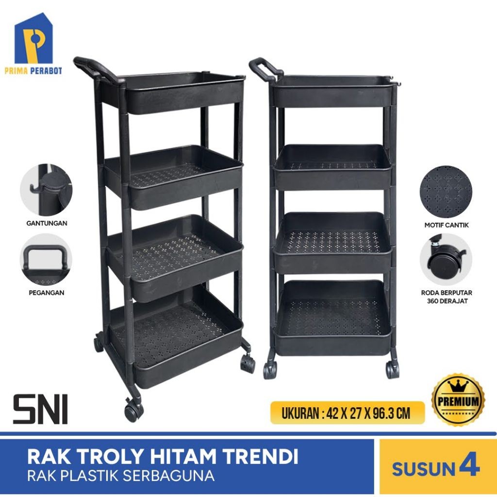 Rak Trendi Rak Roda Serbaguna Susun 4 Hitam