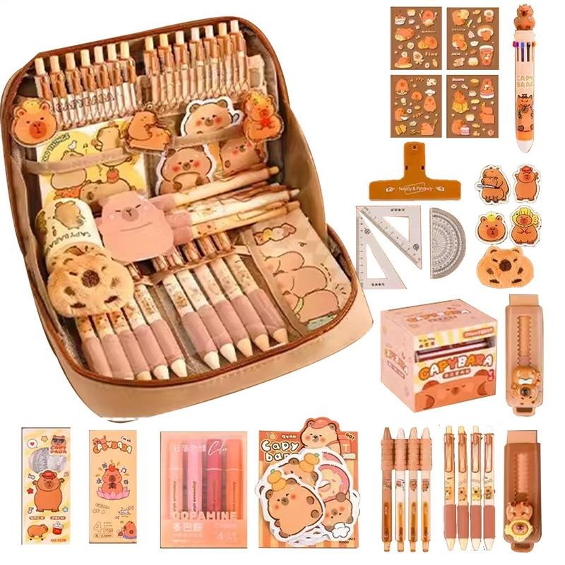 

Capybara Stationery Set Cute Pencil Case With Pens Clips Rulers Sticky Note 10-Color Ballpoint Pen Pencil Organizer For Students
