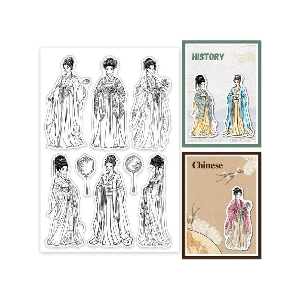 

1Sheet Hanfu Women Clear Stamps Ancient China Lady Silicone Clear Stamp Seals Fan Transparent Stamps for DIY Scrapbooking Cards