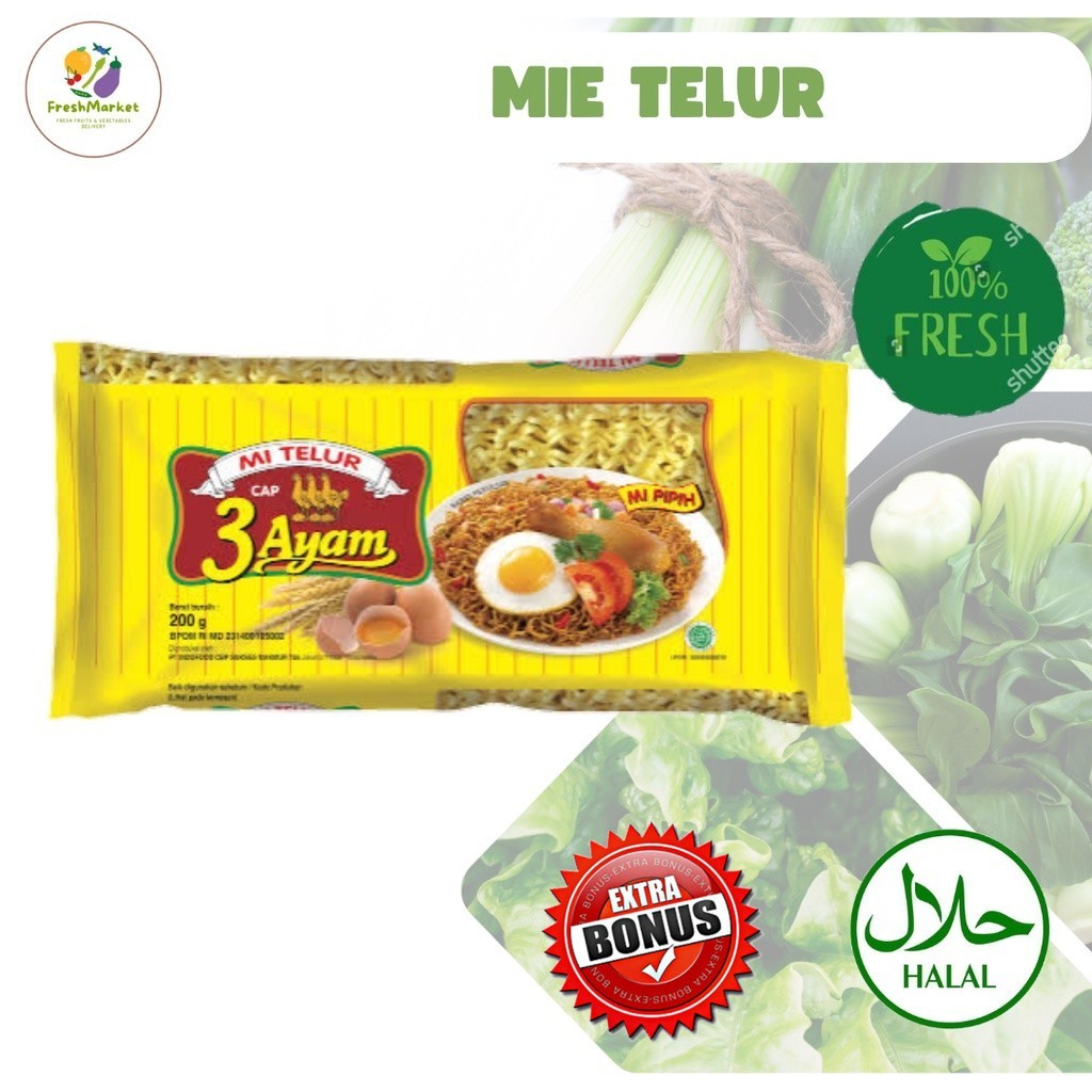 

Mie Telur Cap 3 Ayam 200 Gram Sayurinstant