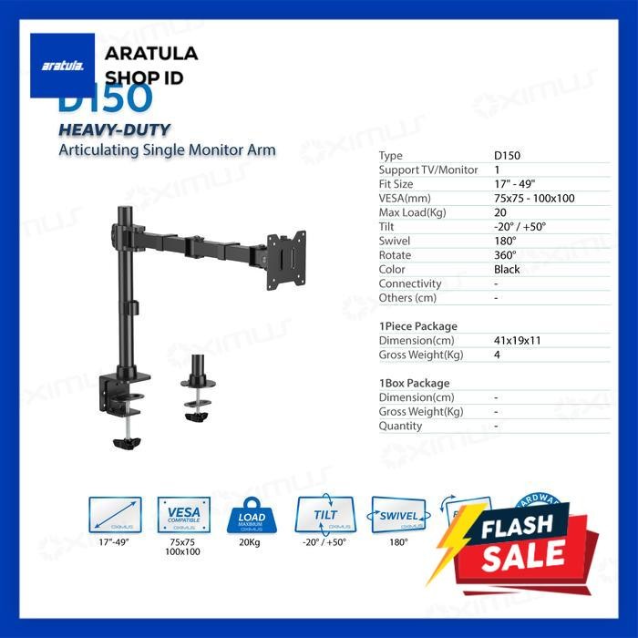 

Heavy-Duty Bracket Single Monitor Bracket Monitor Bracket LED 17" - 49" Oximus D150 Lengan Monitor Heavy-Duty Hingga 20Kg dengan Penyesuaian Ergonomis & Instalasi Cepat dan Rotasi 360° untuk Pengalaman Menonton Optimal - D150 Hitam