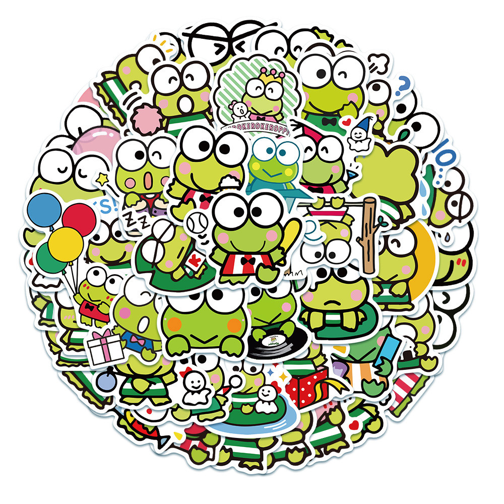

50Pcs Cute Green Frog Stickers Keroppi Vinyl DIY Car Laptop Luggage Skateboard Graffiti Decals Fun for Children Gift