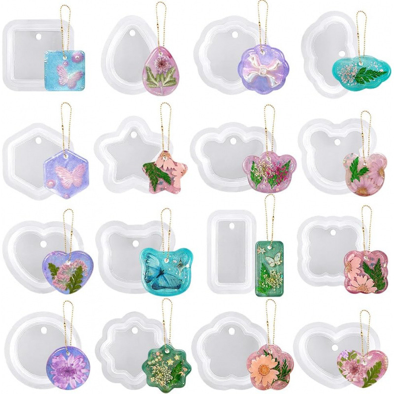

16pcs Variety Geometric Pendant Silicone Molds with Hanging Hole, Jewelry UV Resin Mold, Necklace Keychain Molds for Epoxy Resin