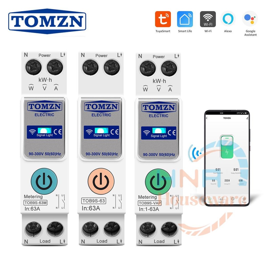 MCB AC Smart KWH Meter TUYA smartlife 1- 63A TOMZN 1P+N WIFI Smart Switch Energy Meter Kwh Metering 