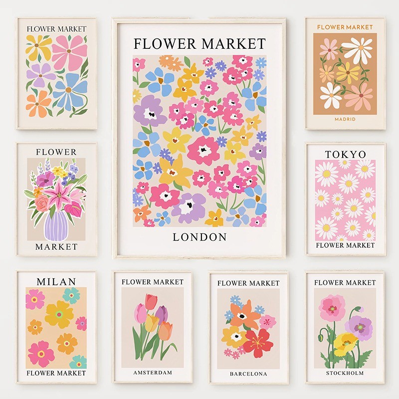 

Abstract Floral Flower Market City Poster Pastel Flowers Botanical Canvas Painting Gallery Wall Art for Living Room Home Decor