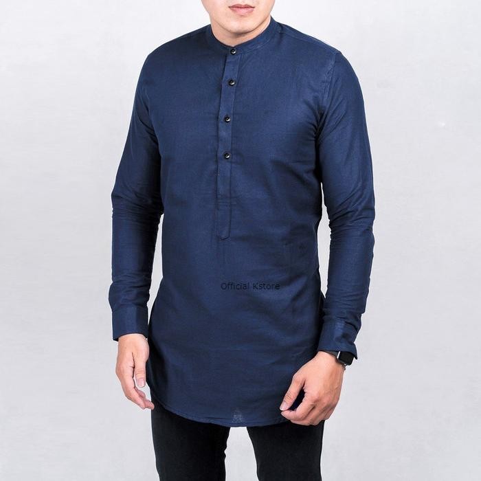 Kurta Pakistan Pria Cowok Lengan Panjang Biru Navy Polos Baju Koko 1 - Biru Muda, M