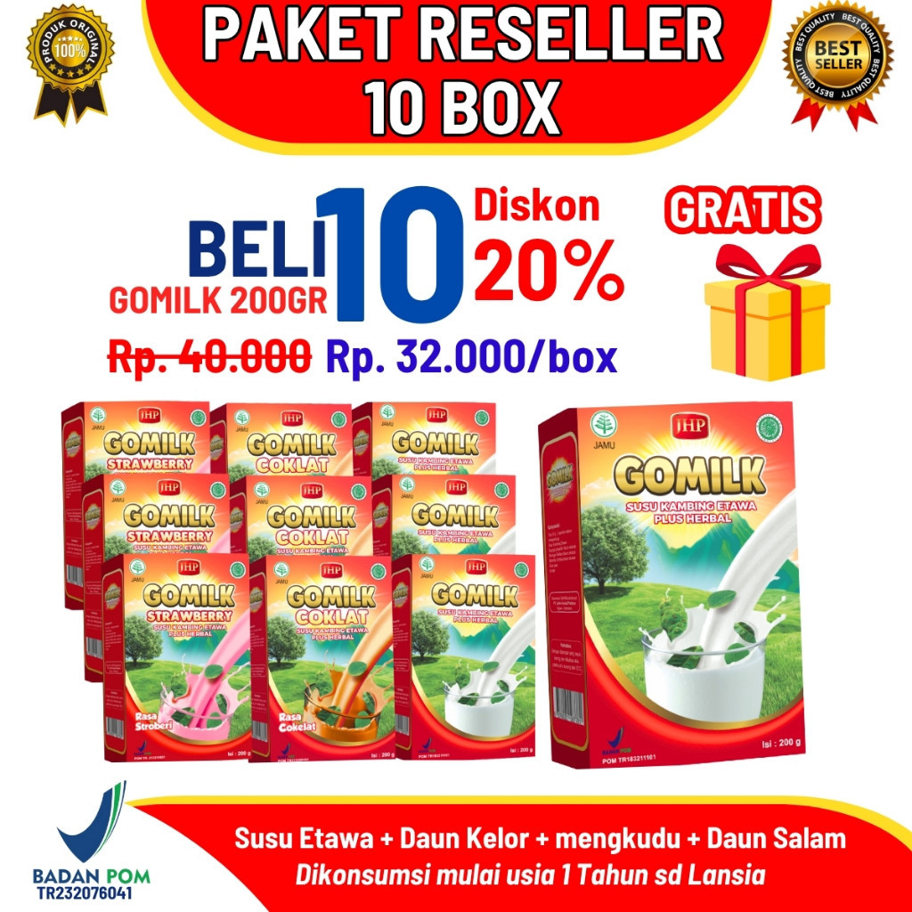 

Paket Reseller GOMILK 10 Box – Susu Kambing Etawa Plus Kelor, Mengkudu, Maag, Asam Urat, TBC, Paru
