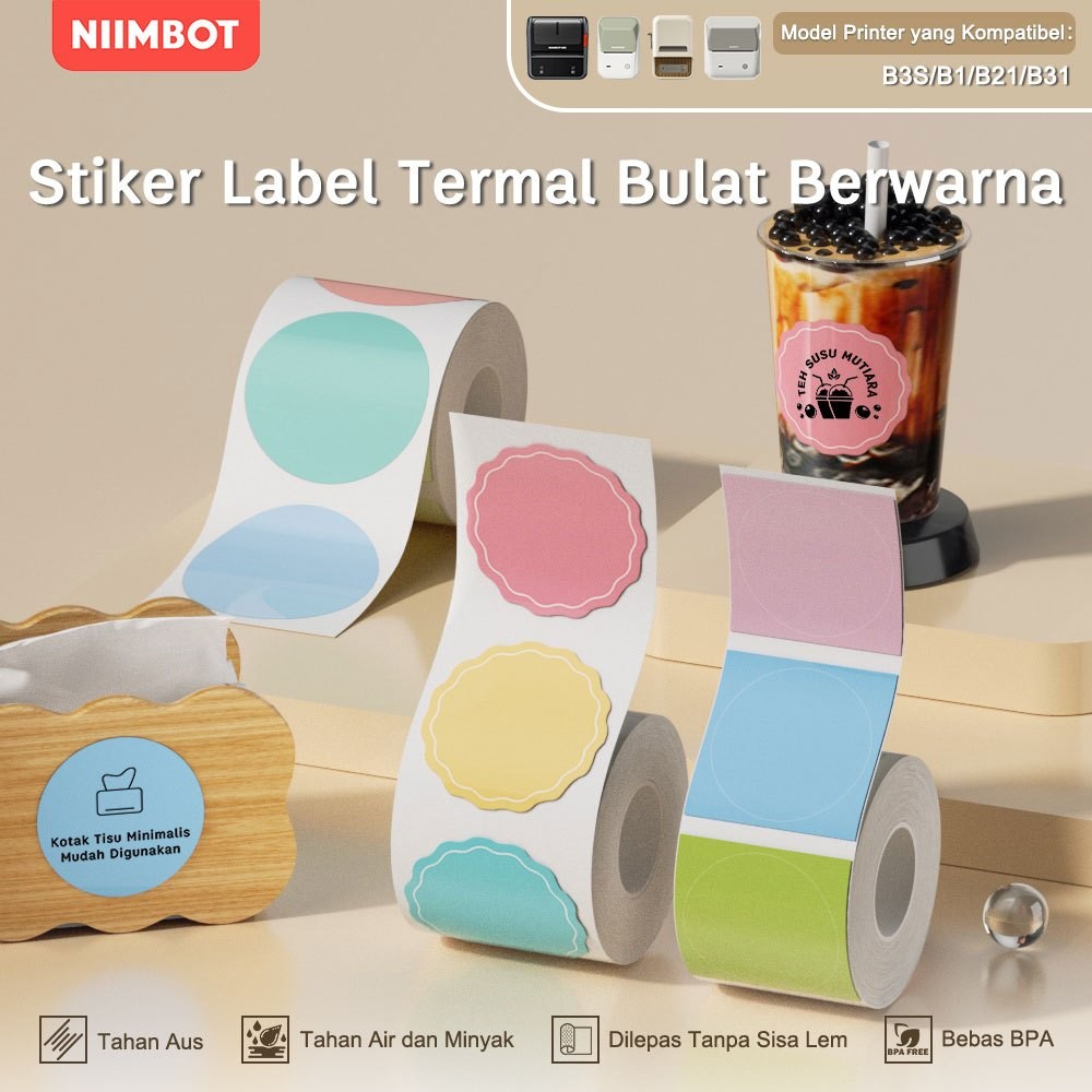 

NIIMBOT B21/B1/B3S Stiker Label Bulat Transparan/Warna/Putih, Stiker Penyegel Kue Makanan
