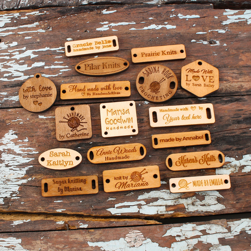 

Custom Wood Tags, Wooden Labels, Knitting Labels, Name Tags, Wooden Buttons, Wood Gift Tags, Crochet Label, Laser Engraved