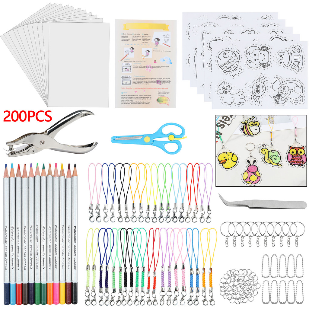 

200Pcs Heat Shrink Plastic Sheet Shrinkles Film Paper Key Rings Kit DIY Handmade Art Shrinking Keychain Crafts Supplies for Gift