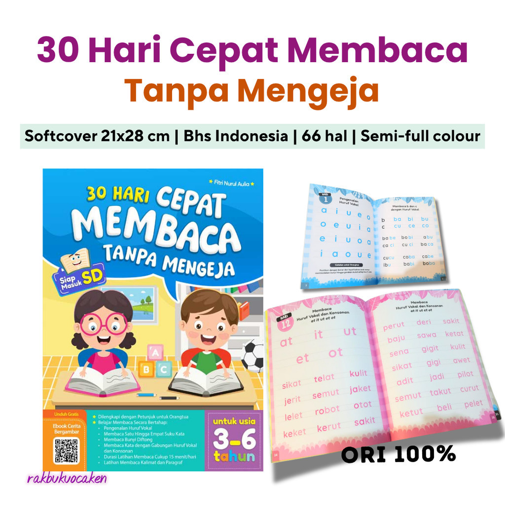 buku belajar membaca 30 Hari Cepat Membaca Tanpa Mengeja (Usia 3+) Siap Masuk SD