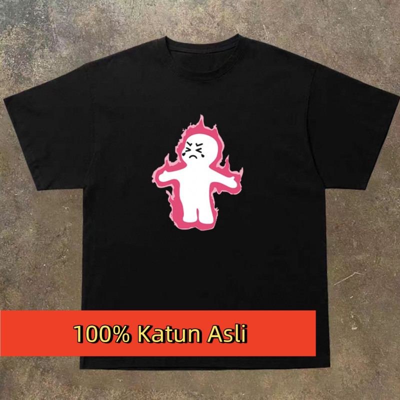 Kaos Distro Unik - Desain Siluet Api & Figur Kecil dalam Warna Hitam-Ungu