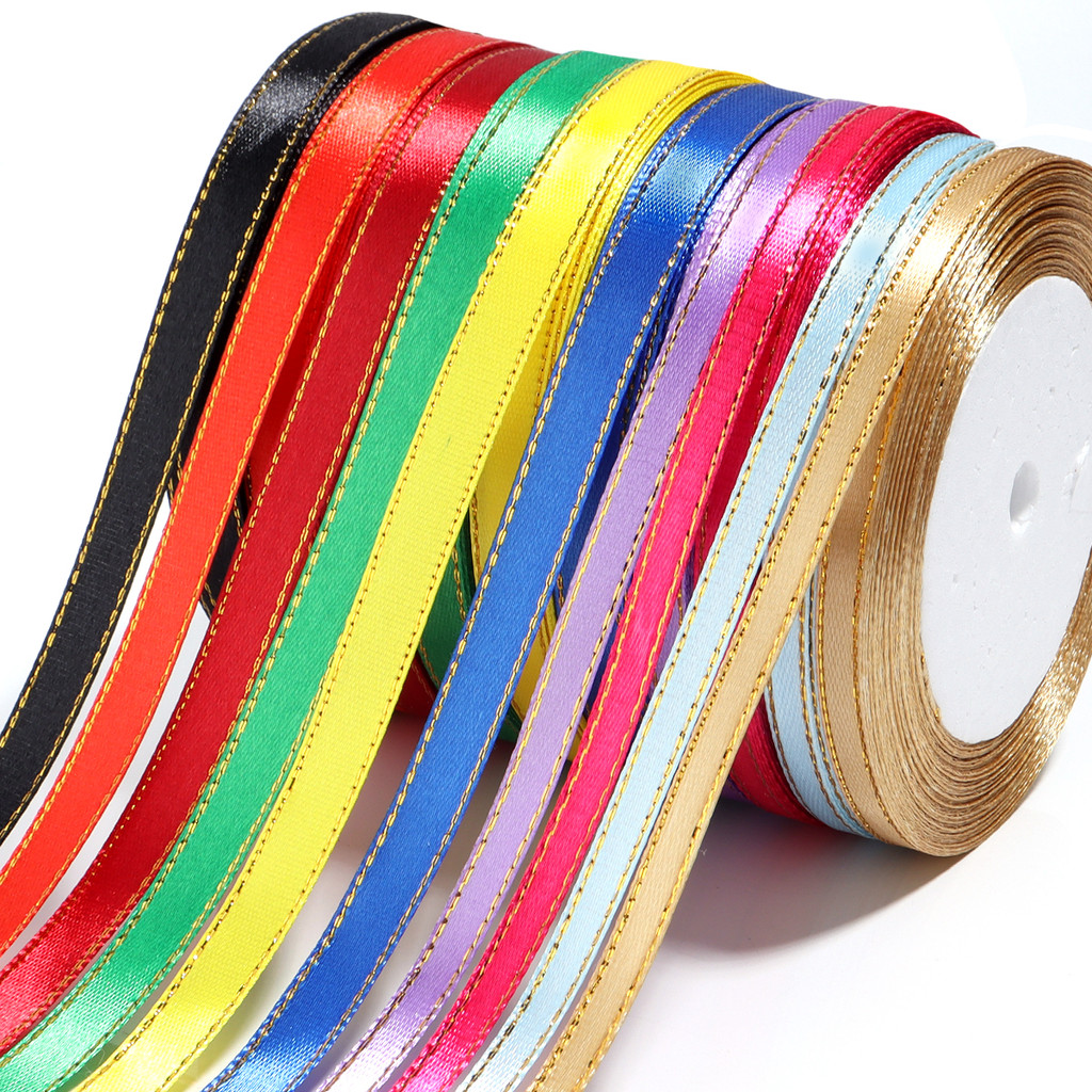 

25 yards/roll Color Satin Ribbons Gold Edge Fabric Ribbon for DIY Party Wedding Decoration Gift Packing Handmade Materials