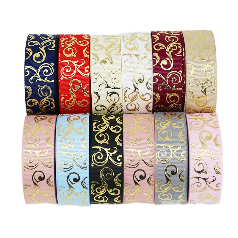 

(10 yards/lot)25mm Gold Hot stamping Ribbons Thermal transfer Printed grosgrain Gift packaging Wedding Accessories DIY materials