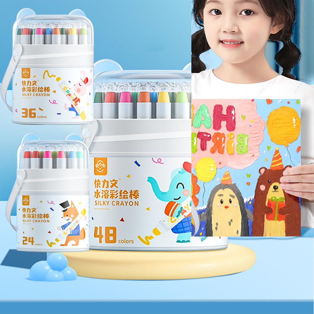

Washable Silky Crayon 36 / 48 Warna Colorful Bucket / Krayon Mewarnai Alat Warna Set Anak Wipe and Clean