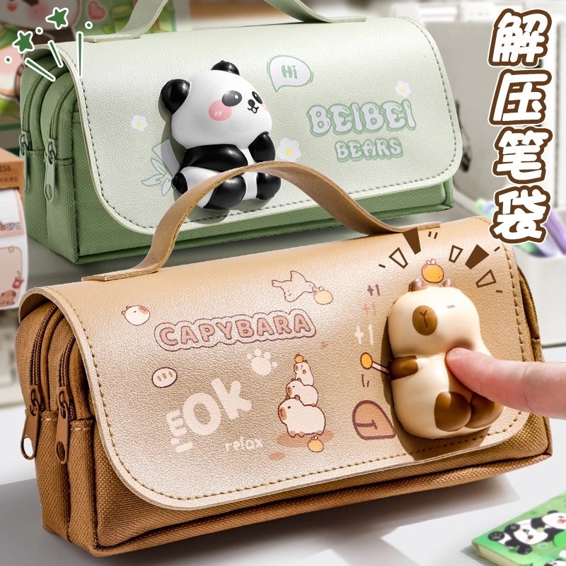 

Green Panda Pencil Bag Large Capacity Stationery Pen Case Bear Dog Cat Handle Storage School Supplies Gift Box PU Ruler Holder A