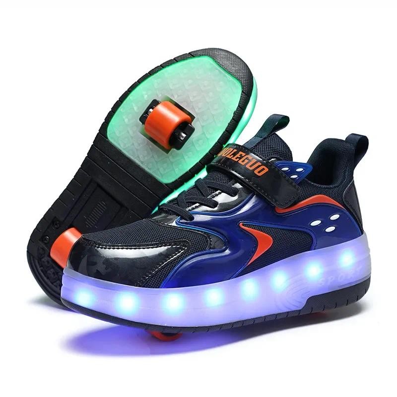 Kids Sneakers USB Charging Children Luminous Roller Skate Shoes Shock Absorption Casual Skateboard S
