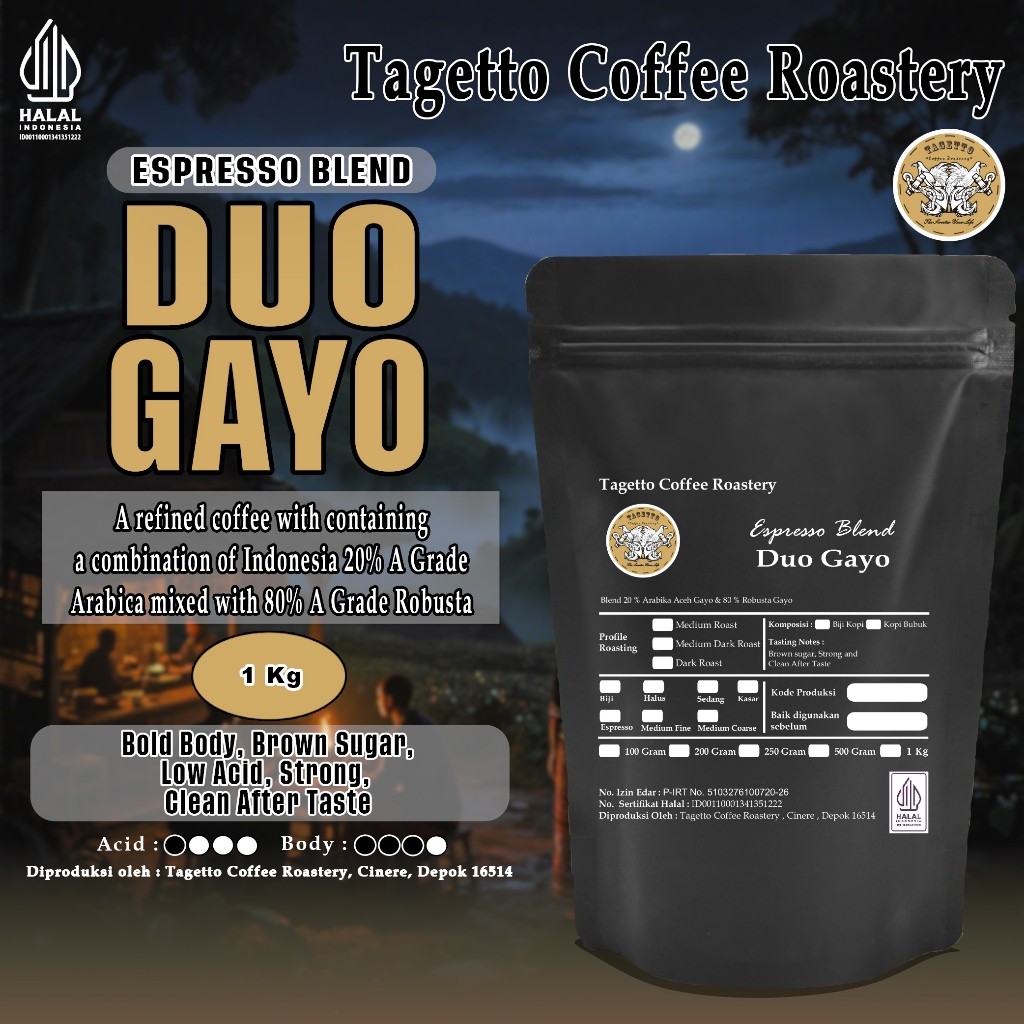 

BIJI KOPI ESPRESSO DUO GAYO 1KG | ARABIKA ROBUSTA BLEND | BEAN GROUND BUBUK 1 KG TAGETTO COFFEE