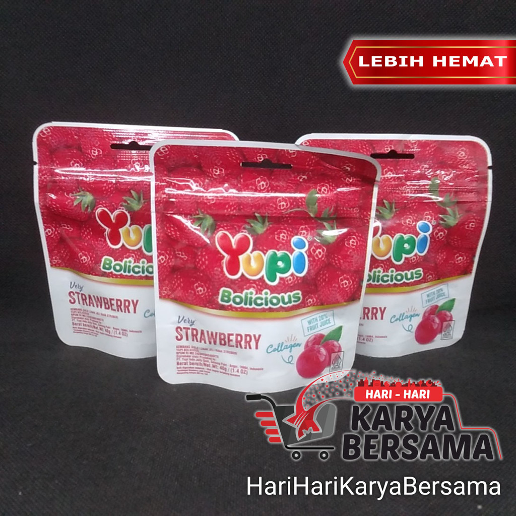 

MAKANAN RINGAN PERMEN LUNAK YUPI BOLICIOUS VERY STRAWBERRY PACK 3'S X 40GR