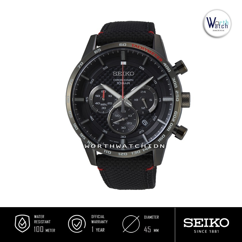 Jam Tangan Pria Sporty Seiko Chronograph Black Dial Black Nylon Strap Original SSB-359-P1