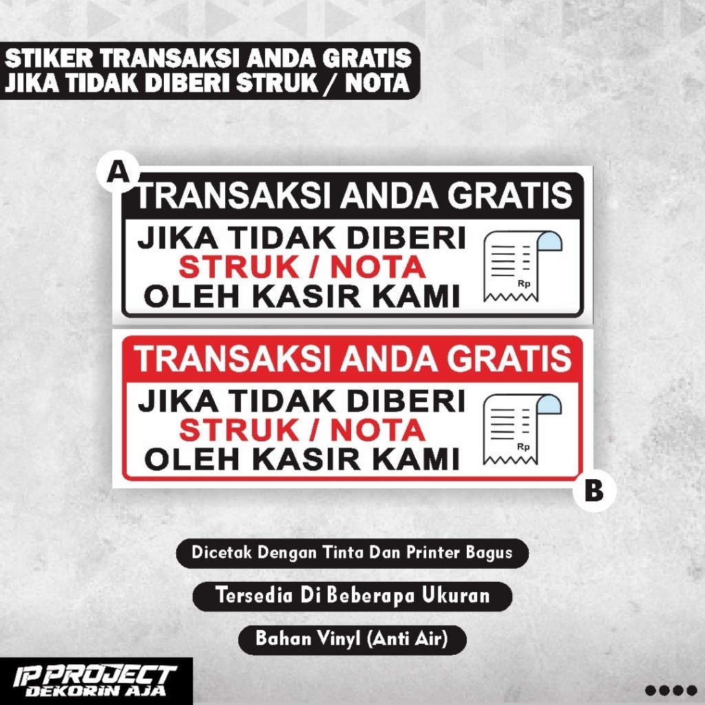 

Stiker Transaksi Gratis Apabila Tidak Dibeli Struk Nota Pembayaran Oleh Kasir Kami / Stiker transaksi gratis / Stiker Struk Nota