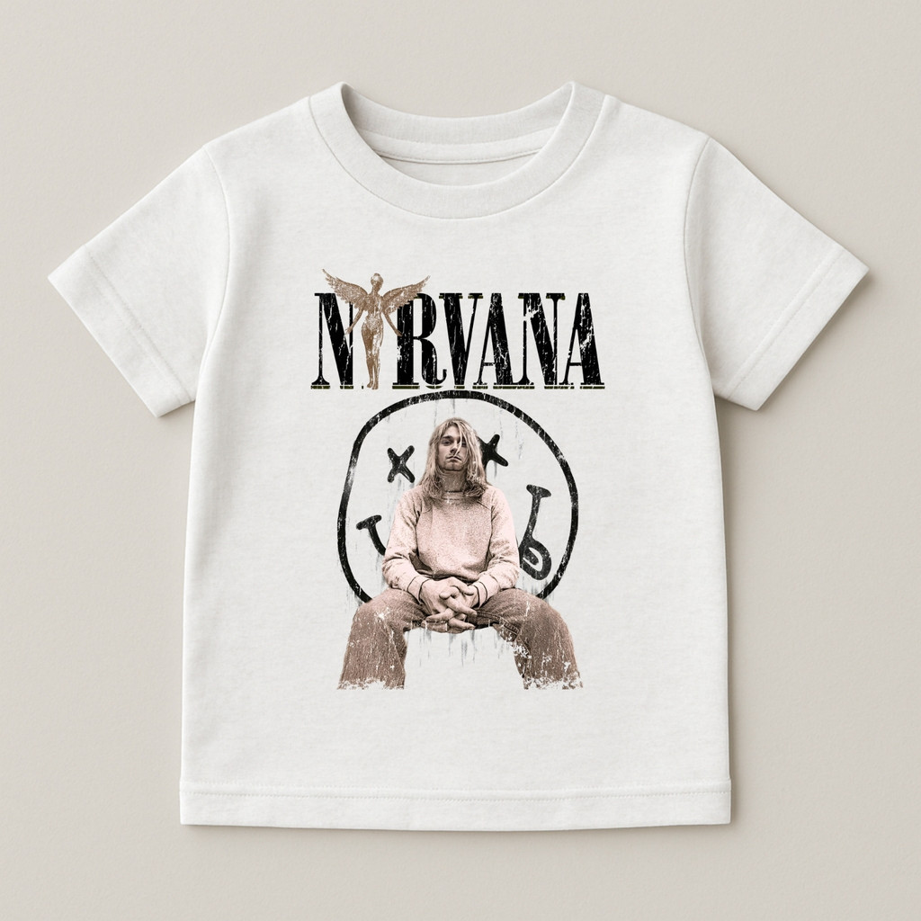Kaos Anak Band Nirvana - Kurt Cobain - Usia 2–12 Tahun – Bahan Katun Adem – Cocok untuk Laki-laki & 