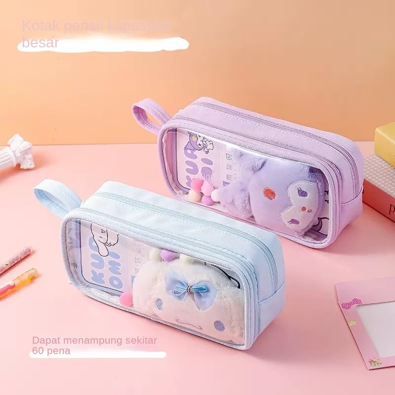 

Kotak pensil bening dengan ukuran besar dan dua ukuran pensil untuk anak perempuan