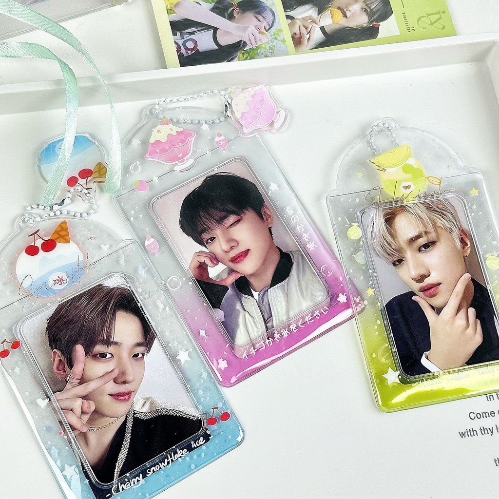 

Ice Cream 3 Inches Kpop Photocard Holder with Keychains PVC Idol Card Protective Sleeves Bag Pendant School Stationery 포카홀더