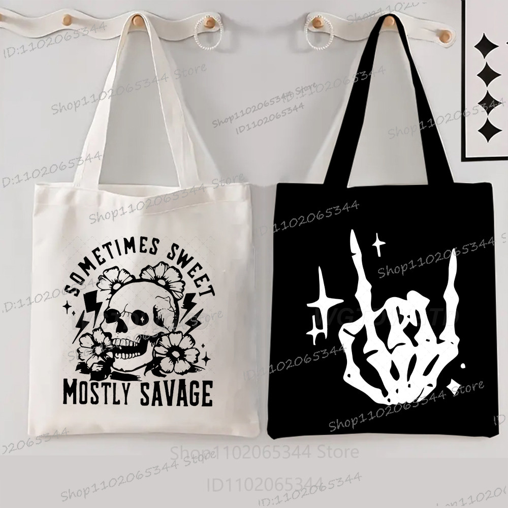 Sometimes Sweet Mostly Savage Pattern Tote Bags Women Men Hip Hop Skeleton Shopping Bags Harajuku Sk