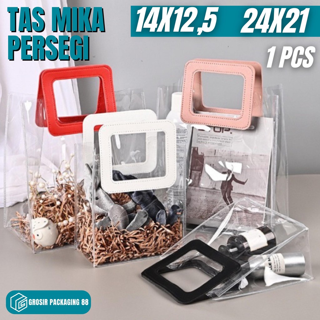 

Tas Mika PVC Transparan Handle Persegi Kulit Goodie Bag Souvenir Hampers Aksesoris Ulang Tahun
