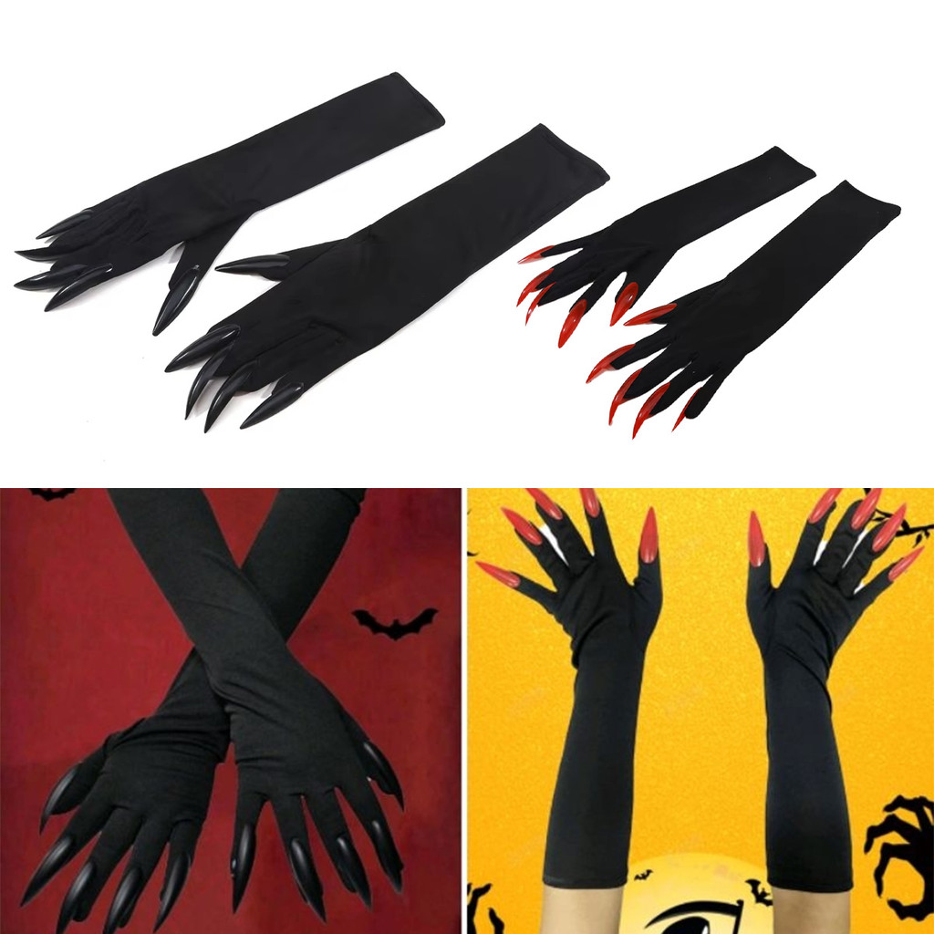 1 Pasang sarung tangan halloween decoration aesthetic, Sarung Tangan Kuku Palsu Halloween Catwomen P