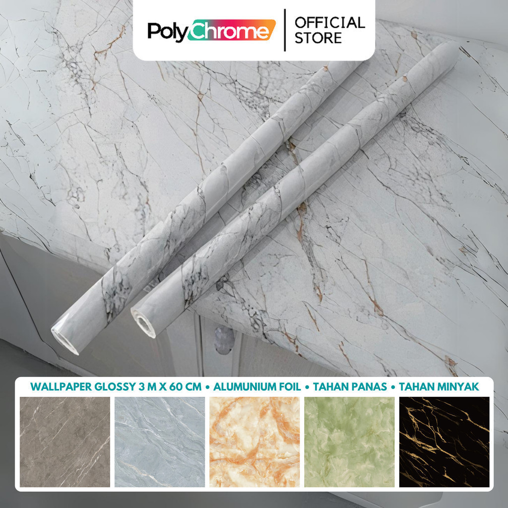 [28 Motif] Wallpaper Glossy Marmer Marble Polychrome Marmer Dapur Meja Furniture 3 m x 60 cm Glossi 