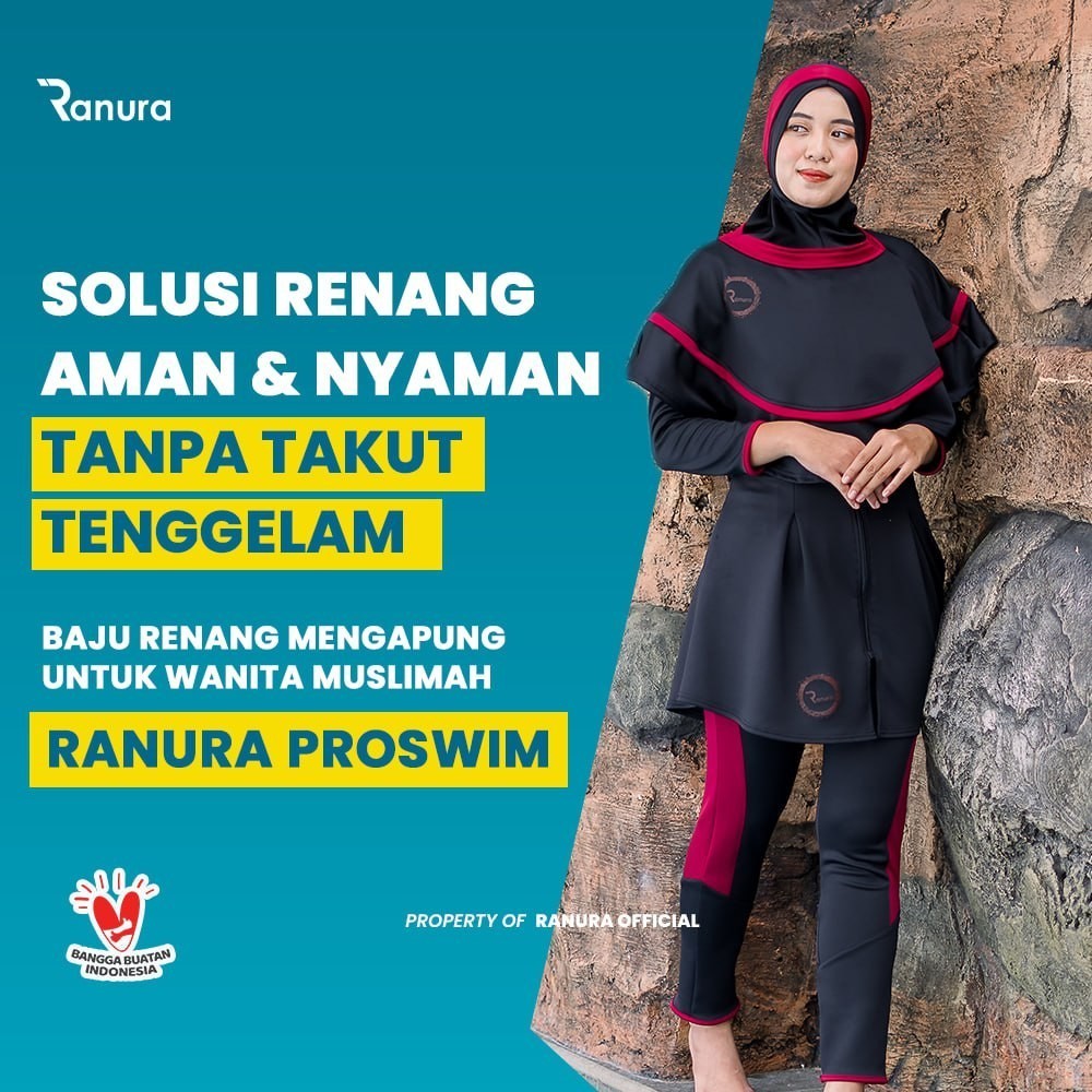 Baju Renang Pelampung Wanita Muslimah Ranura Proswim Hijab Dewasa Panjang Syari Black Maroon Alat Te