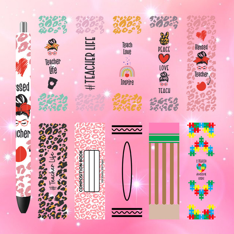 

6PCS 4.75x1.5'' Teacher Life Pen Wrapping Stickers Back To School UV DTF Vinyl Waterslide Epoxy Pen Wrapper P694