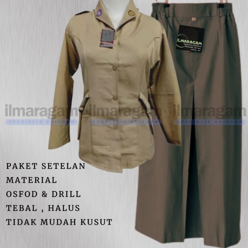 AL98PQ Setelan Seragam Sekolah Kemeja Tali Pramuka Coklat + Rok Span Belah 1 Depan/ Wiru 1 untuk SMP