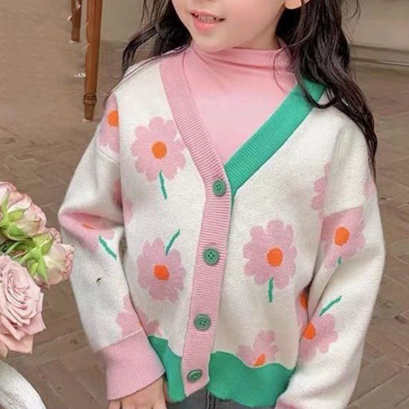 Stylish Girls' Jacquard Knit Cardigan Sweater Children Girls V Neck Spring Autumn Knit Sweater Coat