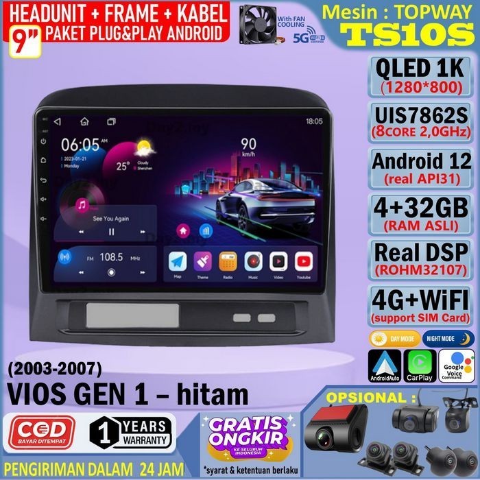 Paket Headunit Android 9 inch + Frame + Soket PNP Toyota Vios Gen 1 - Hitam Topway TS10S UIS7862S-Oc