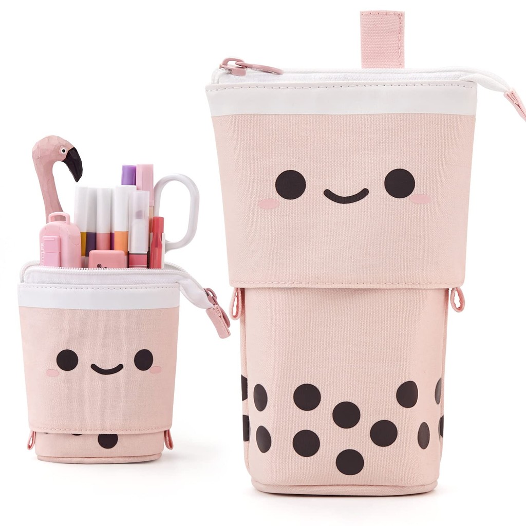 

Standing Milk Tea Pencil Case Cute Telescopic Pen Holder Stationery Pouch Pen Box for School Students Office Supplies Pencil Bag