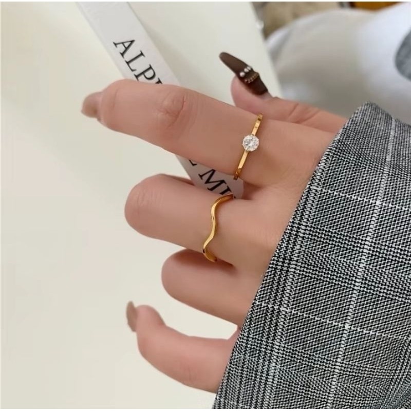 cincin set 2 titanium wanita cincin model simpel garis lengkung