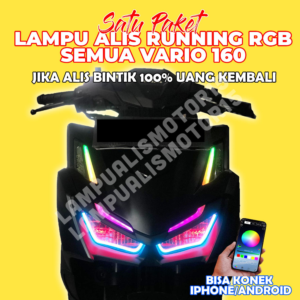 PNP LAMPU ALIS RGB BLUETOOTH VARIO 160 GRATIS DEVIL EYE / LAMPU ALIS RUNNING RGB VARIO 160