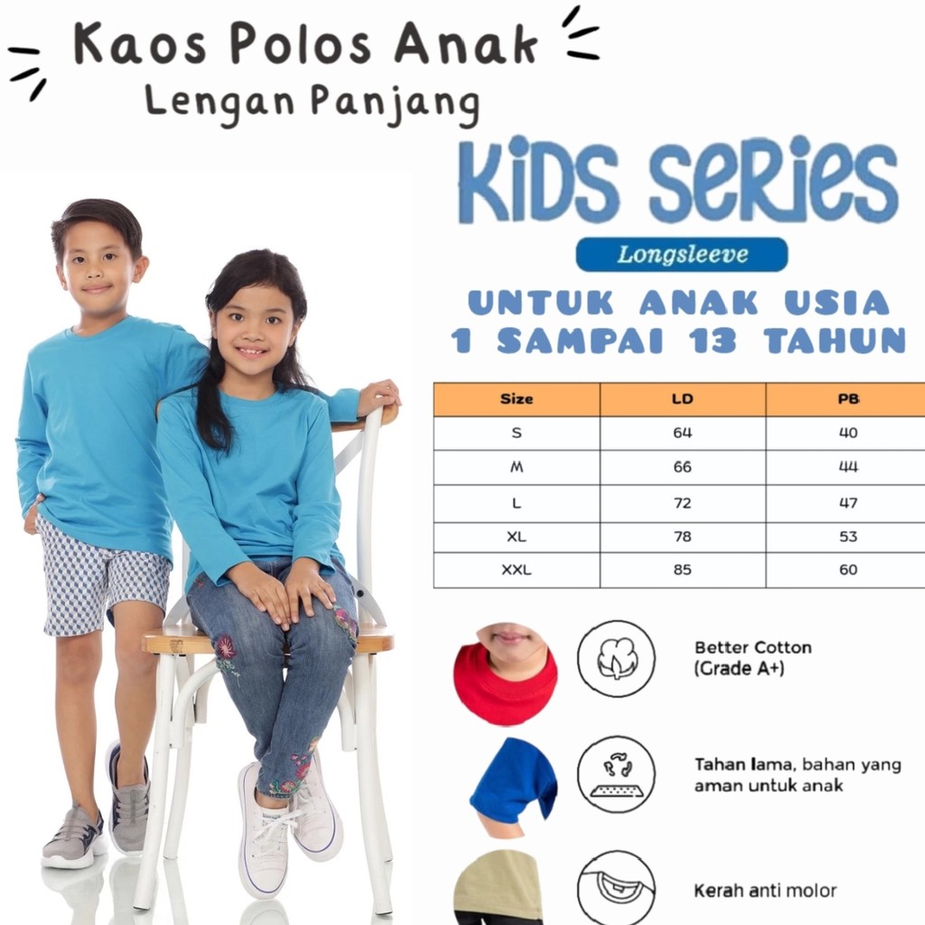 Kaos polos ANAK lengan panjang usia 1 sampai 13 tahun unisex warna BIRU MUDA bahan polycotton