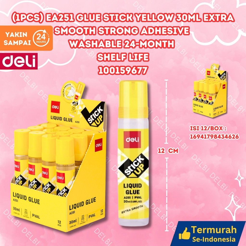 

Deli Liquid Glue / Lem Kertas / Lem Cair Bening Perekatan Kuat - (1PCS) EA251 GLUE STICK YELLOW 30ML EXTRA SMOOTH STRONG ADHESIVE WASHABLE 24-MONTH SHELF LIFE