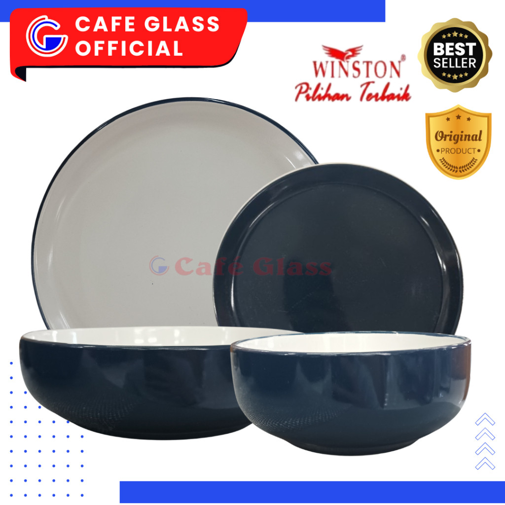 DINNER SET KERAMIK | NAVY BLUE TWO TONE CERAMIC TABLEWARE | PIRING KUE/MANGKOK/MUG SET WINSTON