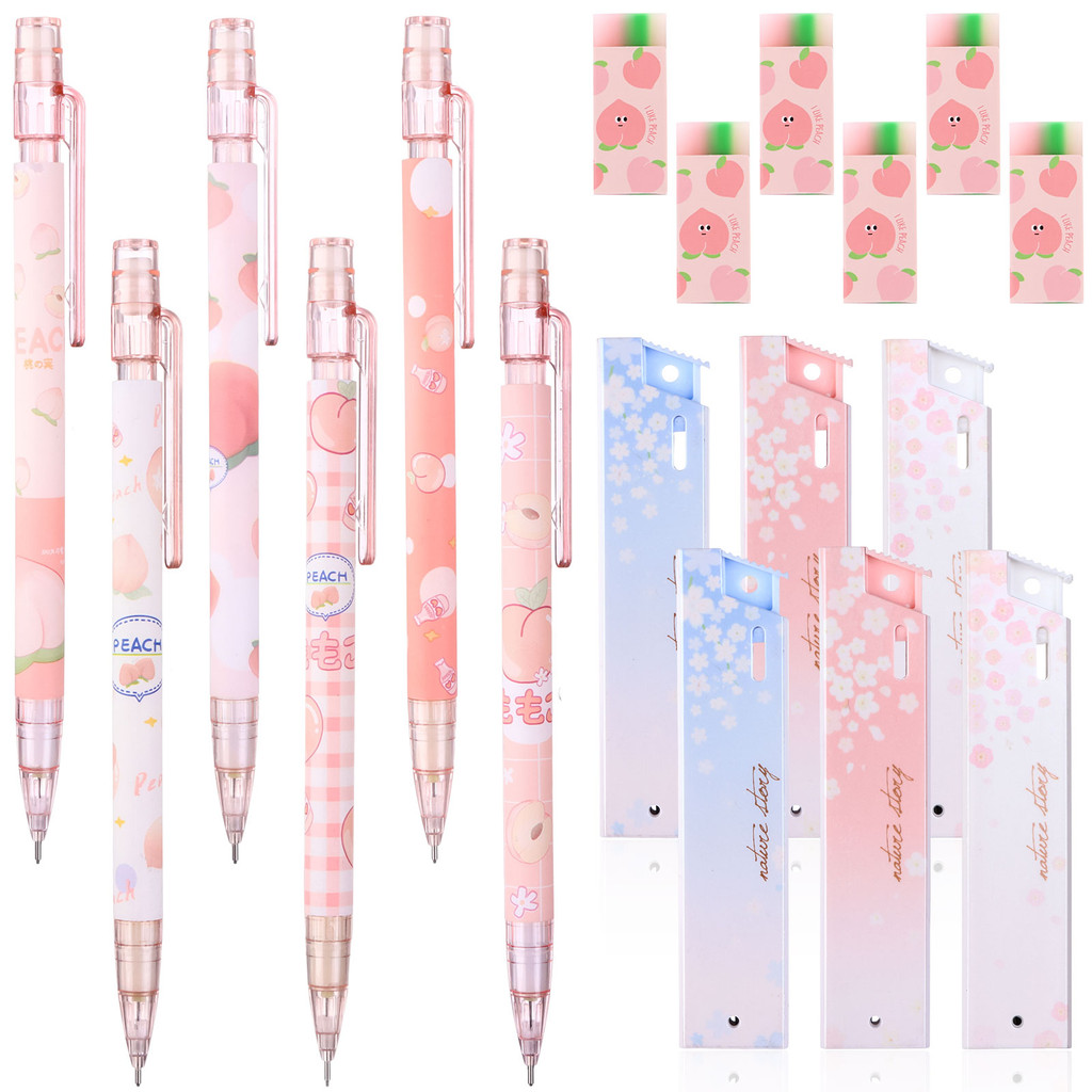 

6pcs Kawaii Juice Peach Mechanical Pencils with Erasers and 0.5mm Tubes Pencil Refills Cute Mechanical Pencil Set for Kids