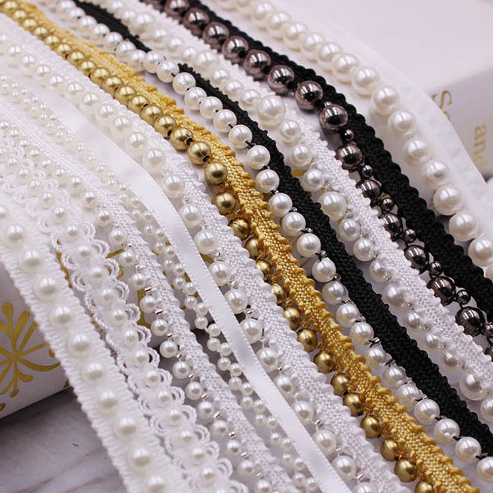 

1 Yard White Black Gold Pearl Lace Trim Crease Mesh Ribbon Lace Fabric Collar Dress Sewing Garment Headdress Materials 3/4/6/8mm