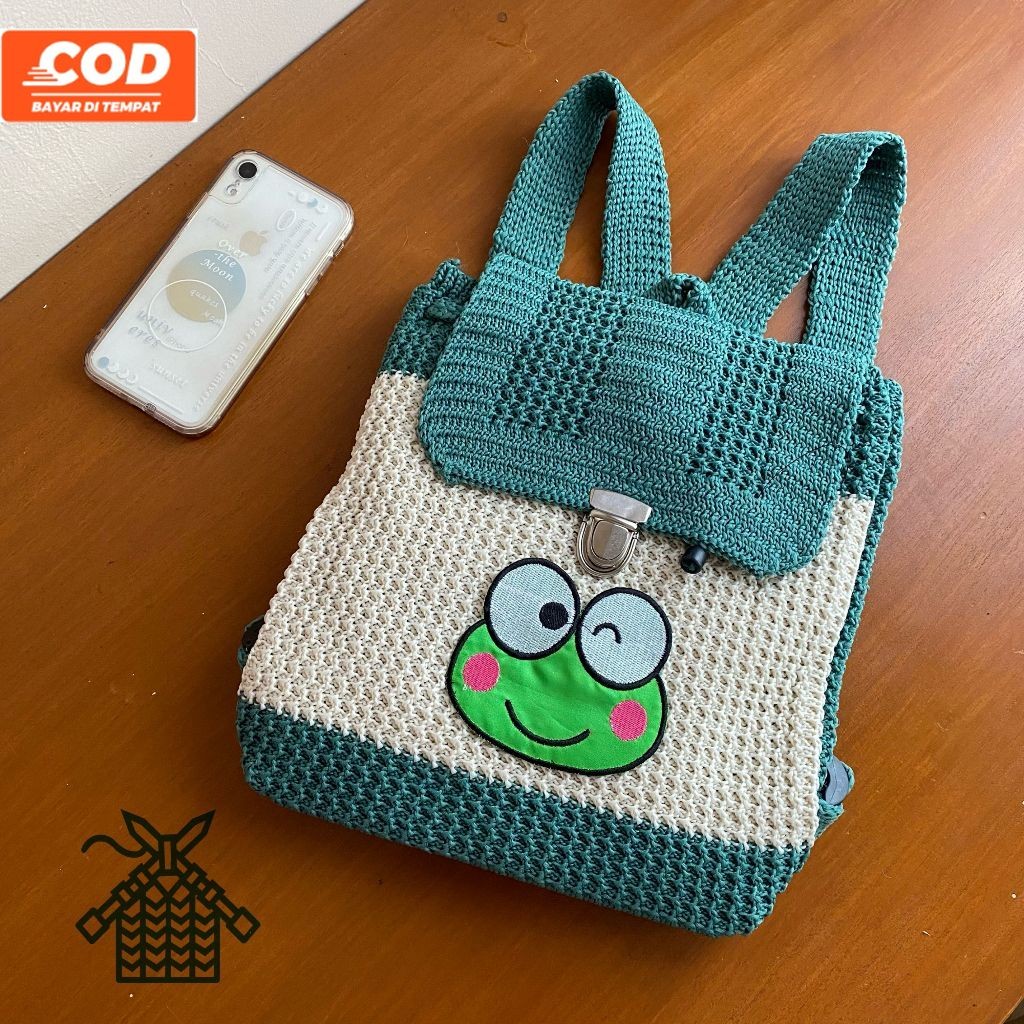 Tas gendong rajut murah berkualitas / tas punggung karakter keroppy rajutan murah / tas ransel anak 
