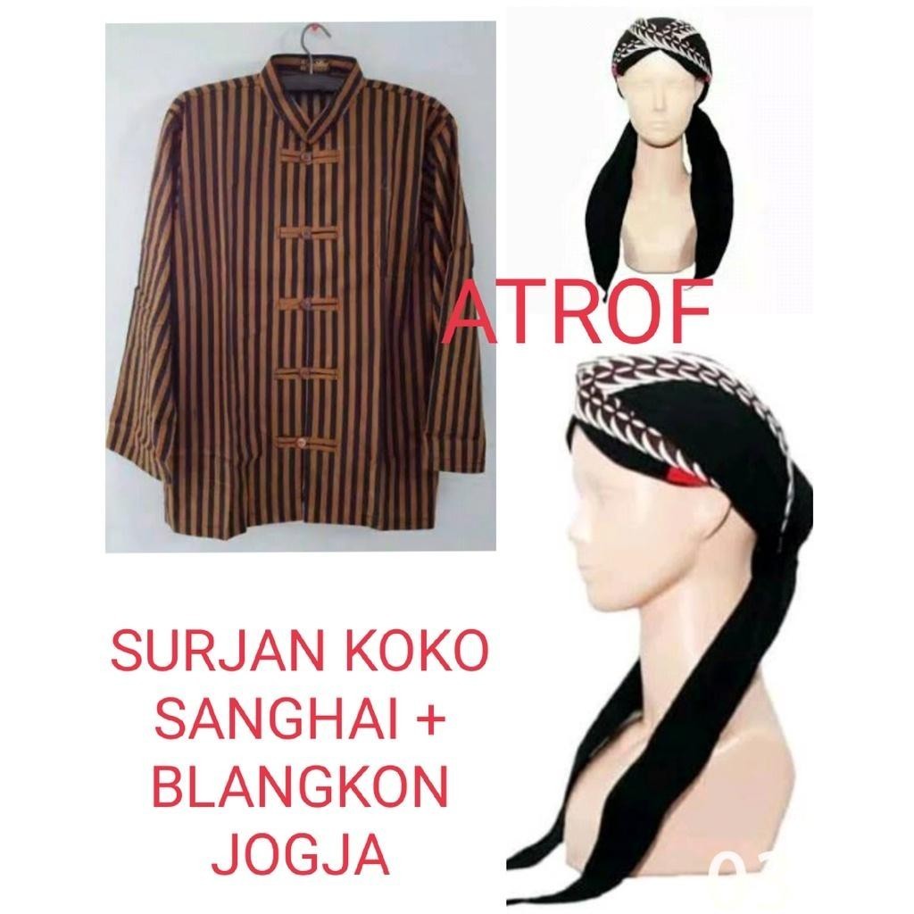 Surjan Lurik Sanghai Koko + BLANGKON JOGJA SAMURAI SLIWIR HITAM / Baju Adat Jawa LURIK Model Sanghai